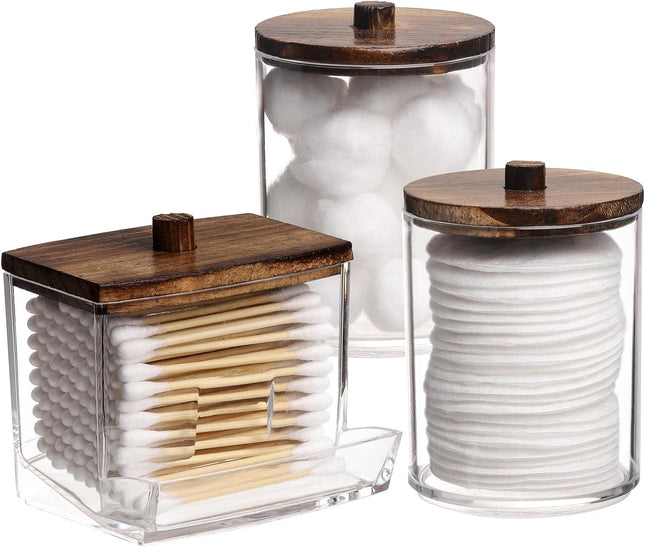 Qtips Holder Bathroom Jar – 10 OZ Cotton Ball & Swab Dispenser, Brown Lid