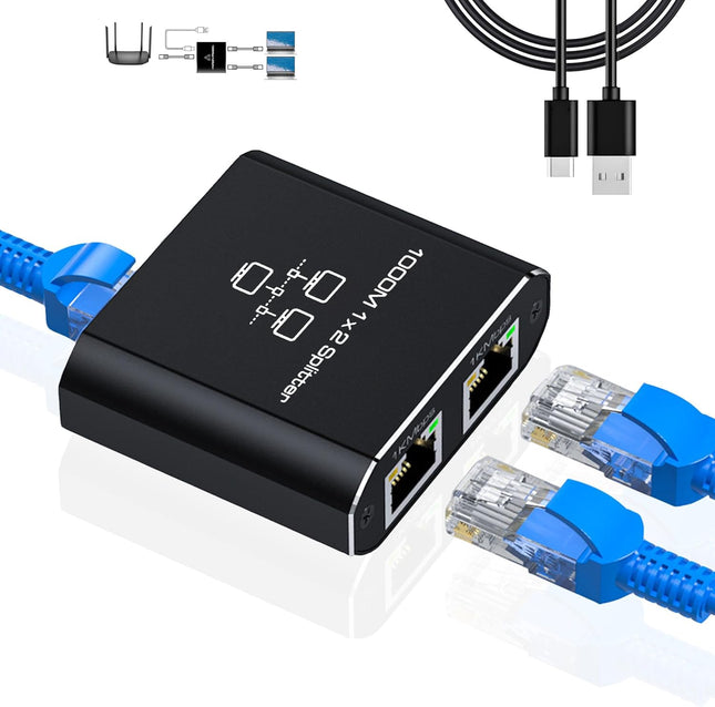 Gigabit Ethernet Splitter 1 to 2, 1000Mbps RJ45 Network Adapter with USB Power