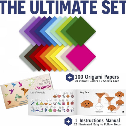 100PCS Origami Paper Set – 20 Colors, 6x6 + Book for Kids Crafts & Gifts