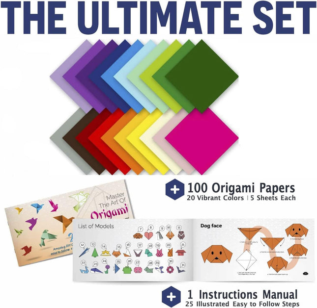 100PCS Origami Paper Set – 20 Colors, 6x6 + Book for Kids Crafts & Gifts