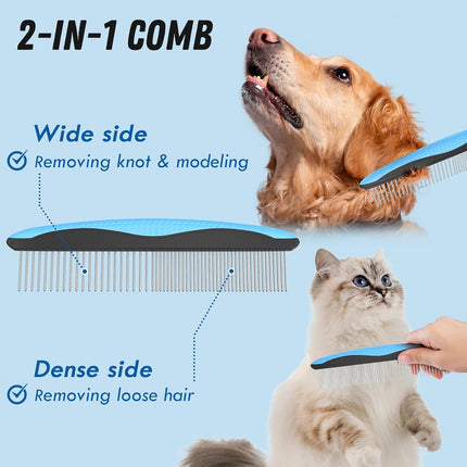 Pet Grooming Combo – Blue Deshedding Brush & Metal Comb for Cats & Dogs