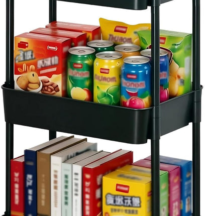 3-Tier Rolling Utility Cart with Wheels, Black Plastic Storage Trolley with Lockable Casters