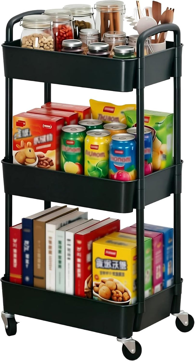 3-Tier Rolling Utility Cart with Wheels, Black Plastic Storage Trolley with Lockable Casters