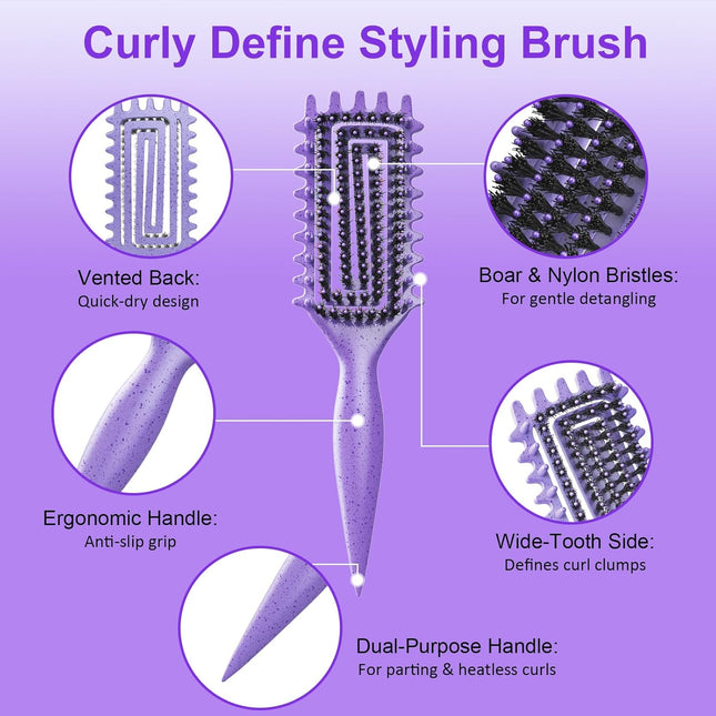 Curly Hair Brush Curl Defining Boar Bristle Detangling Wide Tooth Purple