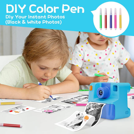 Kids Instant Print Camera FHD Selfie Digital Video Camera Blue for Ages 3-12
