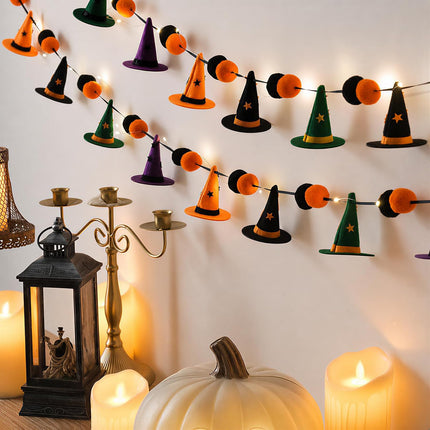 9.8FT 20LED Halloween String Lights, Witch Hat & Pom Pom, Orange Purple Green Decor