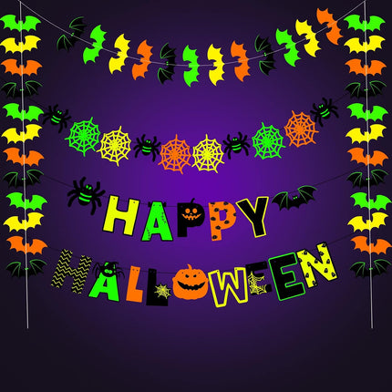 Glow-in-the-Dark Halloween Garland, Happy Halloween Banner with Bat & Spider Web