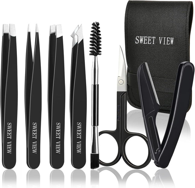 7PCS Tweezers Kit for Women, Eyebrow Scissors, Razor & Spoolie for Facial Hair Removal