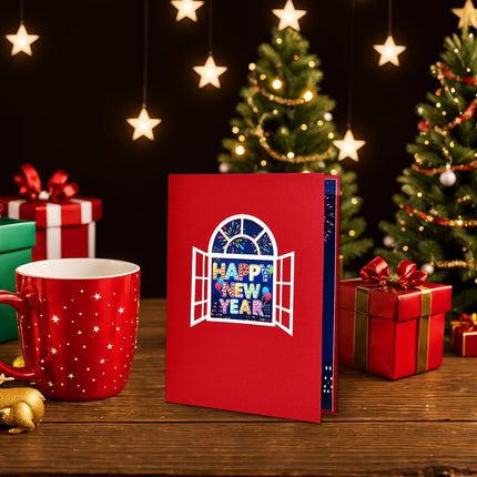 3D Pop-Up Happy New Year Card Fireworks Balloons Festive Greeting