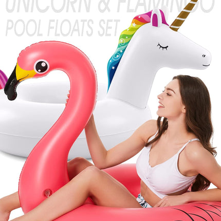 2 Pack Inflatable Unicorn Flamingo Pool Floats Swim Rings for Beach Lake Swimming Adults and Kids