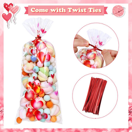 100 PCS Red Valentine’s Day Treat Bags: Heart Cellophane Bags with Twist Ties