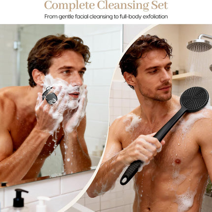 2Pcs Silicone Back & Face Scrubber Set, 17in Handle, Exfoliating Shower Brushes
