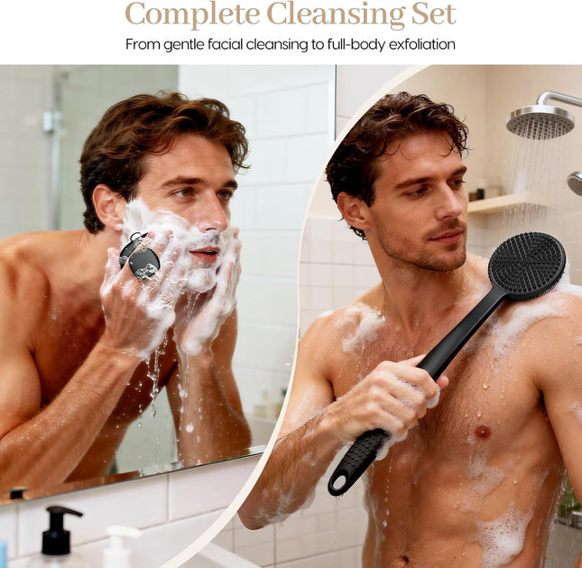 2Pcs Silicone Back & Face Scrubber Set, 17in Handle, Exfoliating Shower Brushes