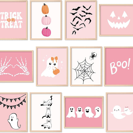 12-Piece Pink Halloween Wall Art Prints 11x14in, Ghost Pumpkin Boo Posters Unframed