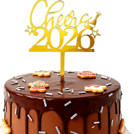 Happy New Year 2026 Cake Topper Mirror Gold Acrylic Party Decoration