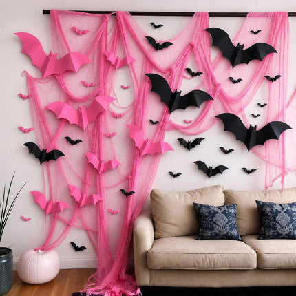 118x138in Pink Halloween Gauze with 32 3D Bats, Creepy Haunted House Party Decor