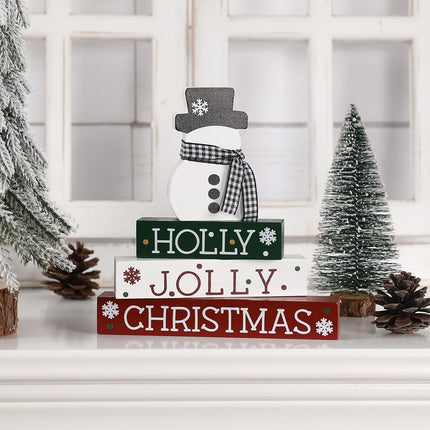 4PCS Wooden Block Christmas Signs – Classic Red, White & Green Decor