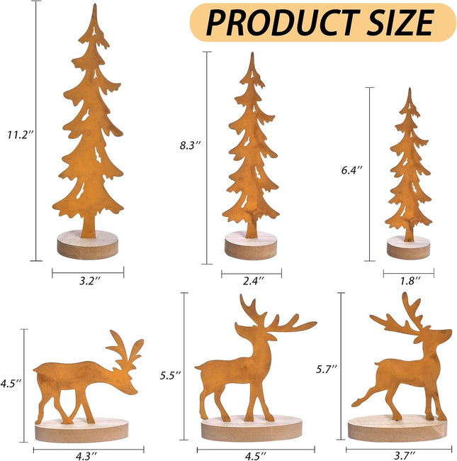 6PCS Vintage Metal Christmas Trees & Reindeer Set – Rustic Tabletop Holiday Decor
