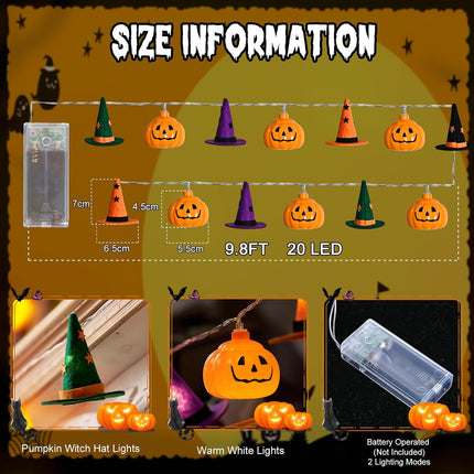 9.8FT Halloween String Lights, 20 LED Pumpkin Witch Hat Lights, Orange Purple Green