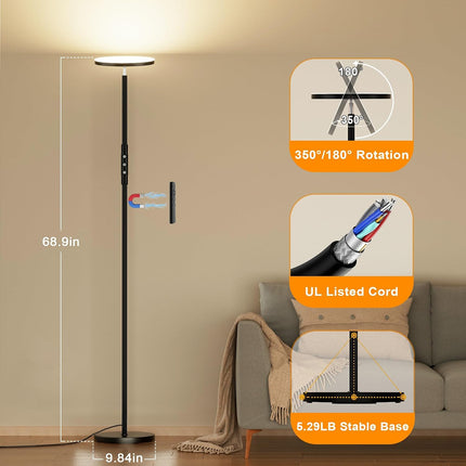 36W LED Torchiere Floor Lamp 3600LM Dimmable 69 Inch Standing Lamp with Remote