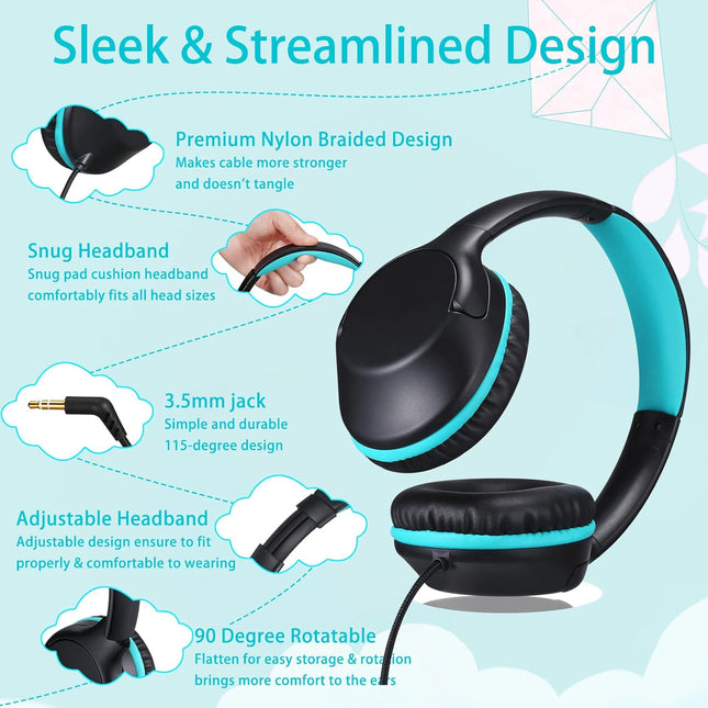 Kids Over-Ear Headphones – 94dB Volume-Limited, Wired, Adjustable for School & Travel