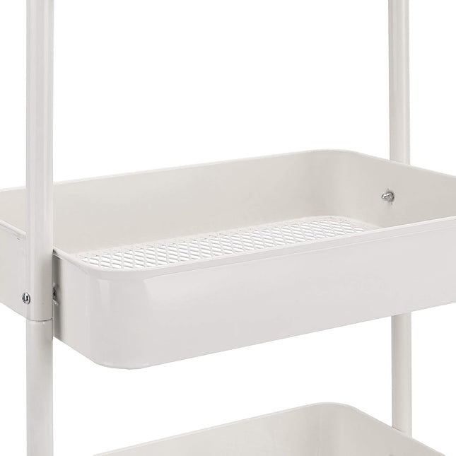 3-Tier White Rolling Metal Utility Cart with Lockable Wheels, Mesh Shelves and Storage Bins