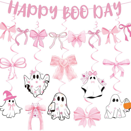 12-Piece Pink Halloween Birthday Decorations, Boo Day Bow Ghost Banner & Swirls