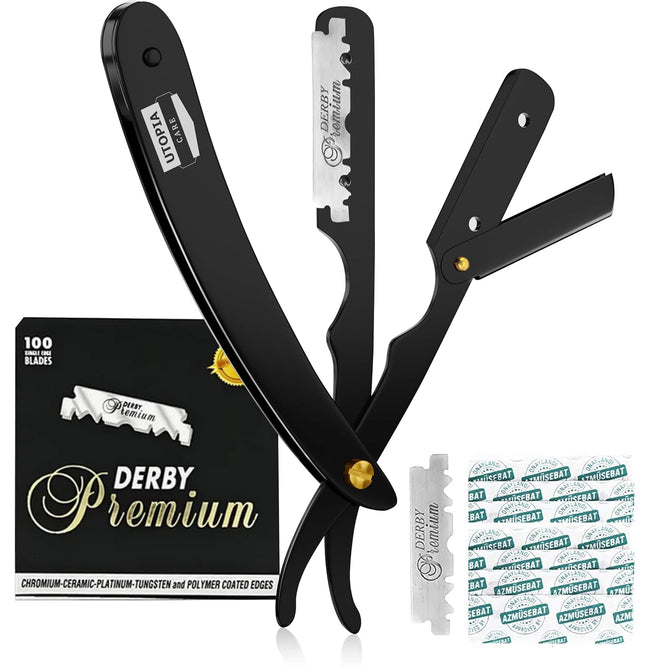 Professional Straight Razor for Men – Barber Safety Razor with 100 Blades (Black)