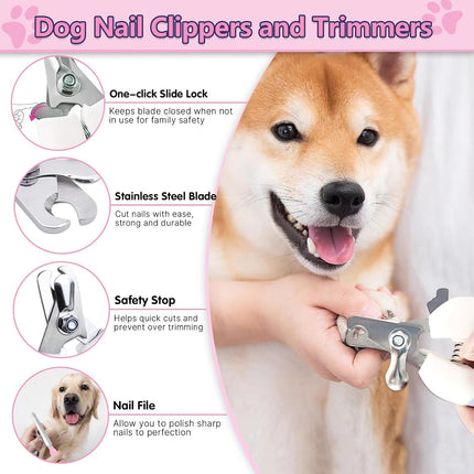 6PCS Dog Grooming Kit: Brushes for Shedding, Dematting Comb, Nail Clippers & More (Pink)