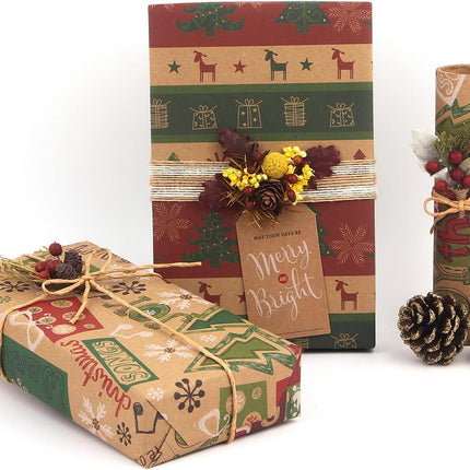 12 Sheets Christmas Wrapping Paper – 6 Vintage Kraft Designs with Tags & String