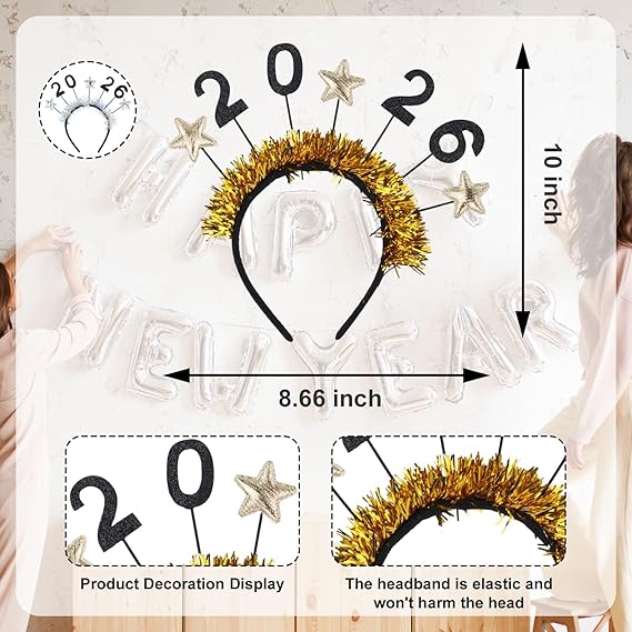 Happy New Year 2026 Glitter Tiara – Adjustable Party Headband for Adults