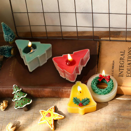 4pcs Christmas Scented Tealight Candles – Tree, Bell & Wreath Shapes