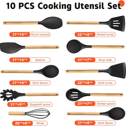 10PCS Silicone Cooking Utensil Set Heat Resistant Nonstick Kitchen Tools Black