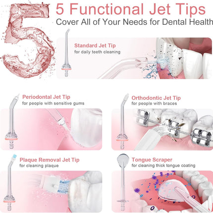 Cordless Water Flosser for Teeth, Braces & Sensitive Gums – 5 Tips, 3 Modes