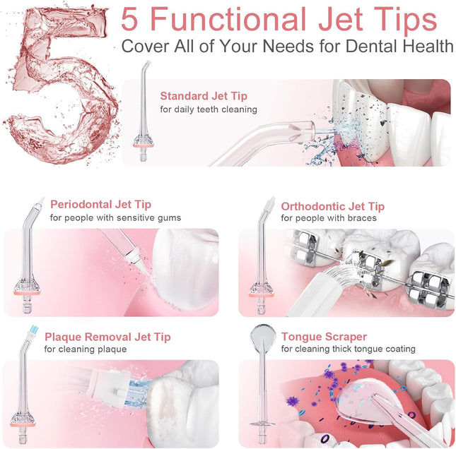 Cordless Water Flosser for Teeth, Braces & Sensitive Gums – 5 Tips, 3 Modes