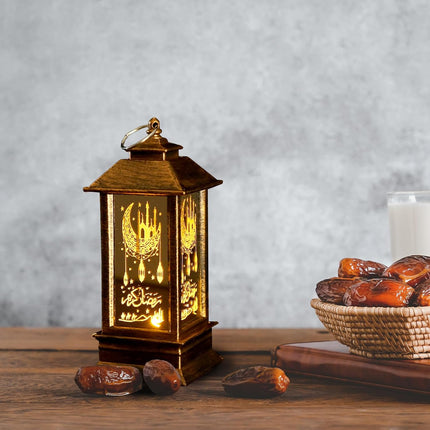2PCS Ramadan Lantern Set – Dark Brown Mini Castle Moon LED Decor for Eid Mubarak