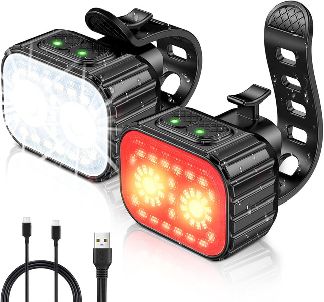 Rechargeable Bike Lights Set, Super Bright Front & Rear, 8+12 Modes, IPX6