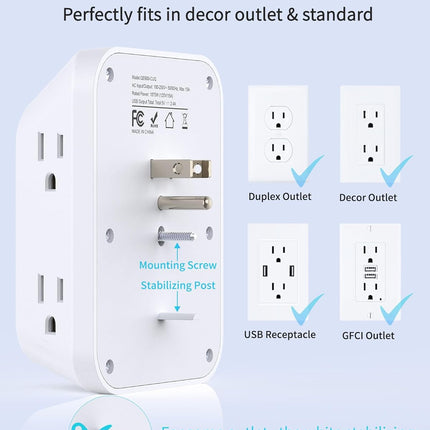 3-Sided 6-Outlet Extender with 4 USB Ports (2 USB-C), Surge Protector, White