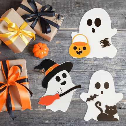 3-Piece Halloween Wooden Table Decor, Ghost, Black Cat, Bat & Witch Broom Signs