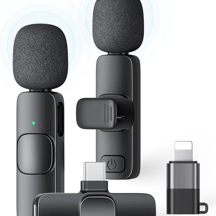 2 Pack Wireless Lavalier Microphone for iPhone Android iPad Recording