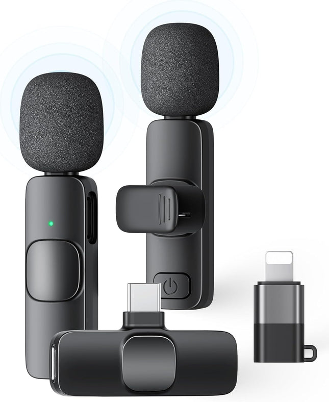 2 Pack Wireless Lavalier Microphone for iPhone Android iPad Recording