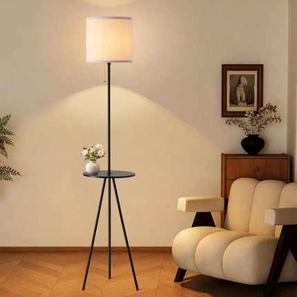 Floor Lamp with Side Table Linen Shade Space Saving Standing Lamp for Living Room