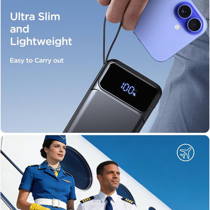 Multi-Device Portable Charger – 10000mAh Battery Pack with LED Display & Built-in Cable