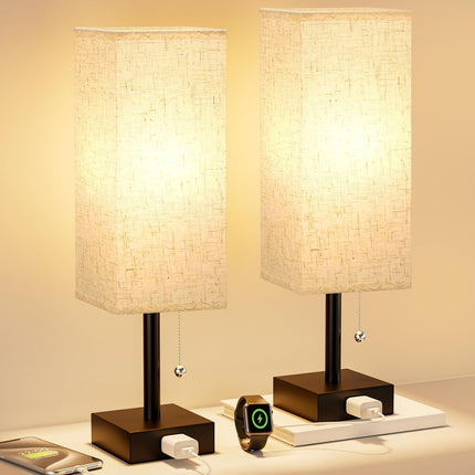 Set of 2 Bedside Table Lamps 14 Inch Pull Chain AC Outlet 3 Colour Temperatures