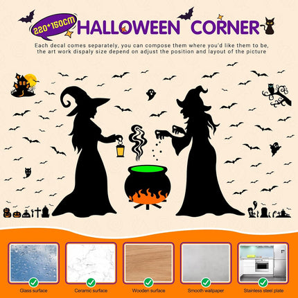 Large Halloween Wall Decals, Removable Vinyl Witch Bat Pumpkin Stickers for Decor