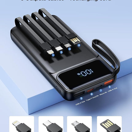 Multi-Device Portable Charger – 10000mAh Battery Pack with LED Display & Built-in Cable