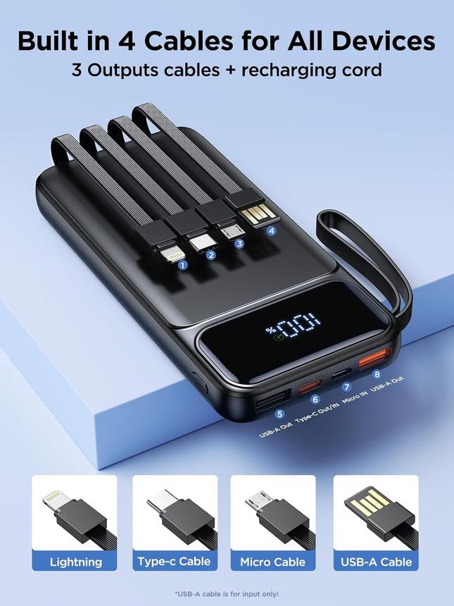 Multi-Device Portable Charger – 10000mAh Battery Pack with LED Display & Built-in Cable