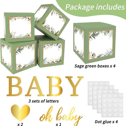 4Pcs Baby Shower Balloon Boxes with Letters Sage Green Gender Reveal Decor