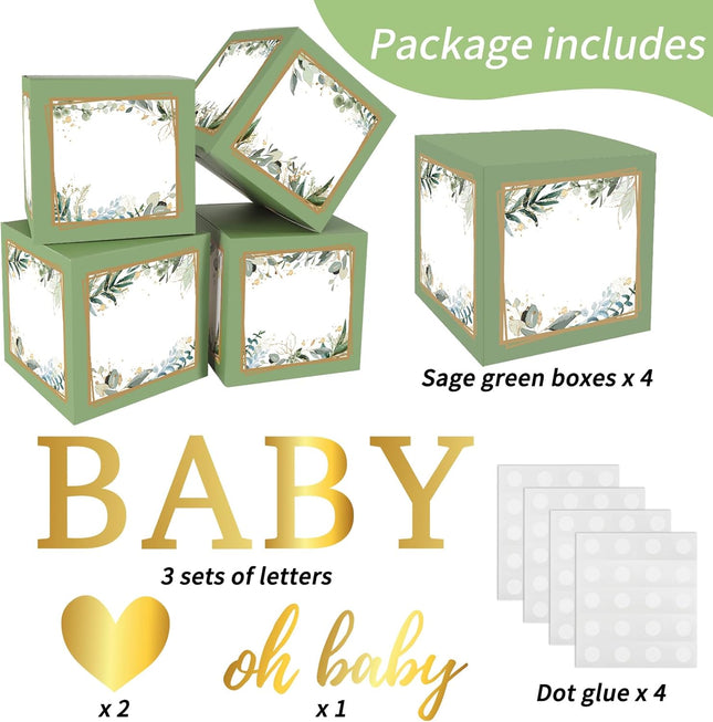 4Pcs Baby Shower Balloon Boxes with Letters Sage Green Gender Reveal Decor