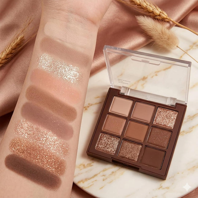 9-Color Chocolate Brown Eyeshadow Palette, Matte Shimmer Glitter, Waterproof Makeup Set